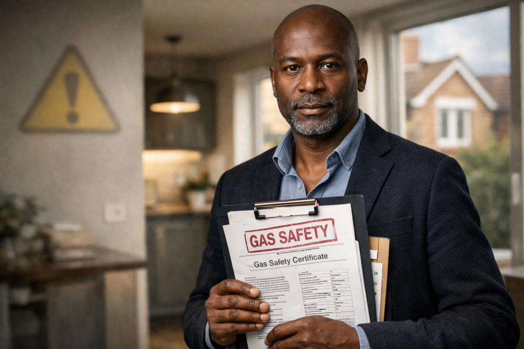Professional UK landlord holding gas safety certificate inside a modern British rental property, representing compliance and avoiding the £6,000 gas safety fine.