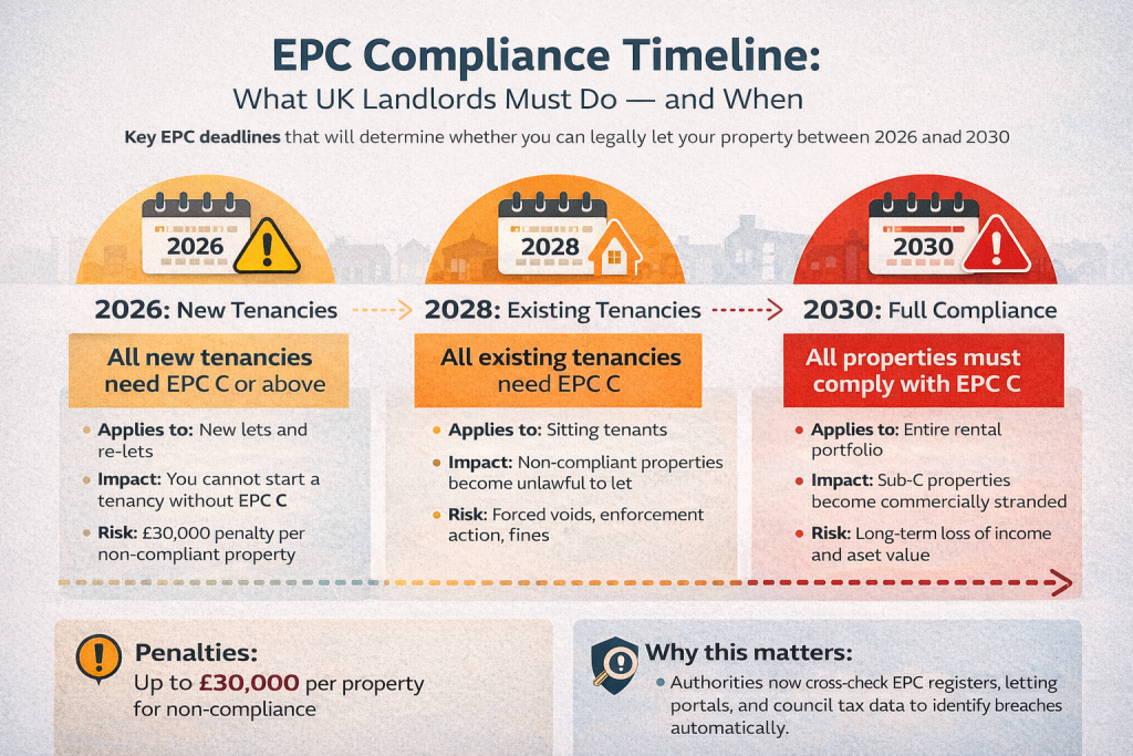 EPC compliance timeline 2026 to 2030 for UK landlords showing new and existing tenancy deadlines