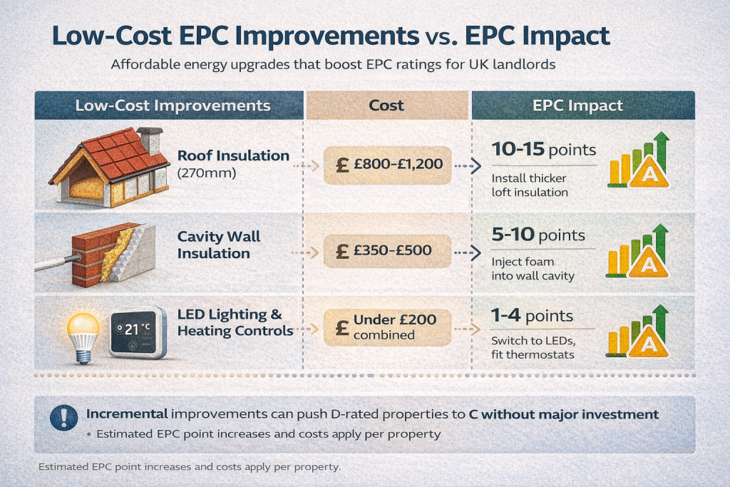 Cost-effective EPC rating improvements for landlords including insulation and heating upgrades with point value increases