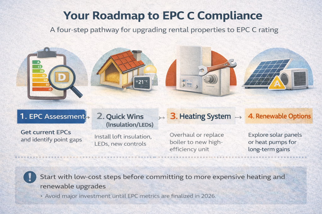 Strategic EPC upgrade pathway for rental properties showing assessment to renewable energy implementation steps