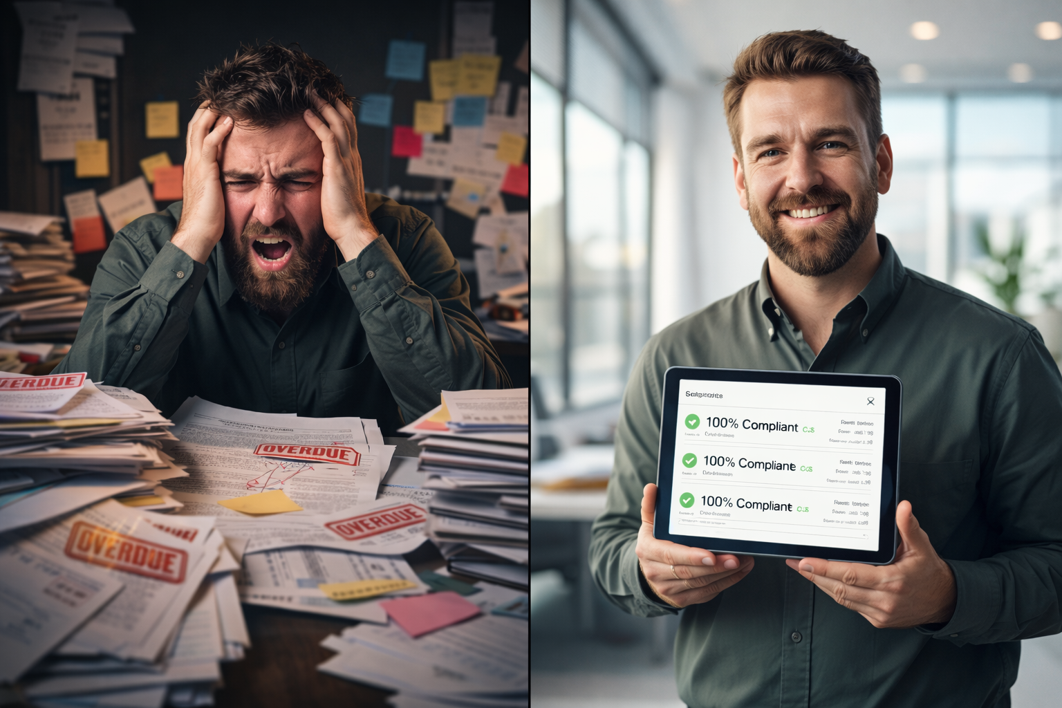 Compliance Engine beta launch showing stressed landlord versus calm digital compliance dashboard