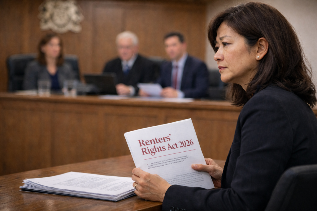 Side-profile of a landlady and property investor at a UK tribunal holding the Renters' Rights Act 2026