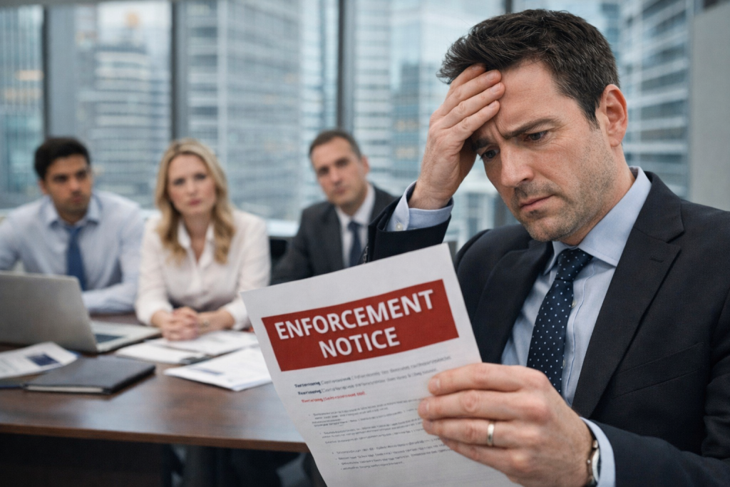 Property management director reading an enforcement notice in front of his team after a missed AML deadline
