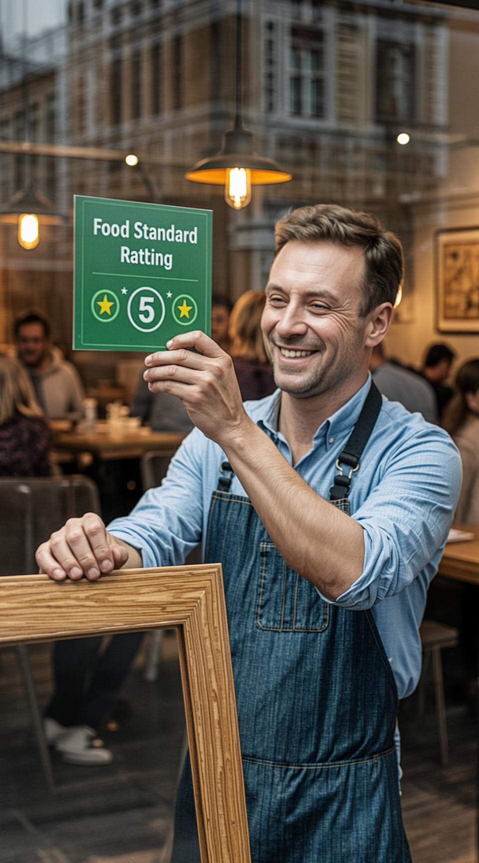 A happy UK restaurant owner placing a green Food Standards Agency 5-star rating sticker on their front window after using a digital food safety system.