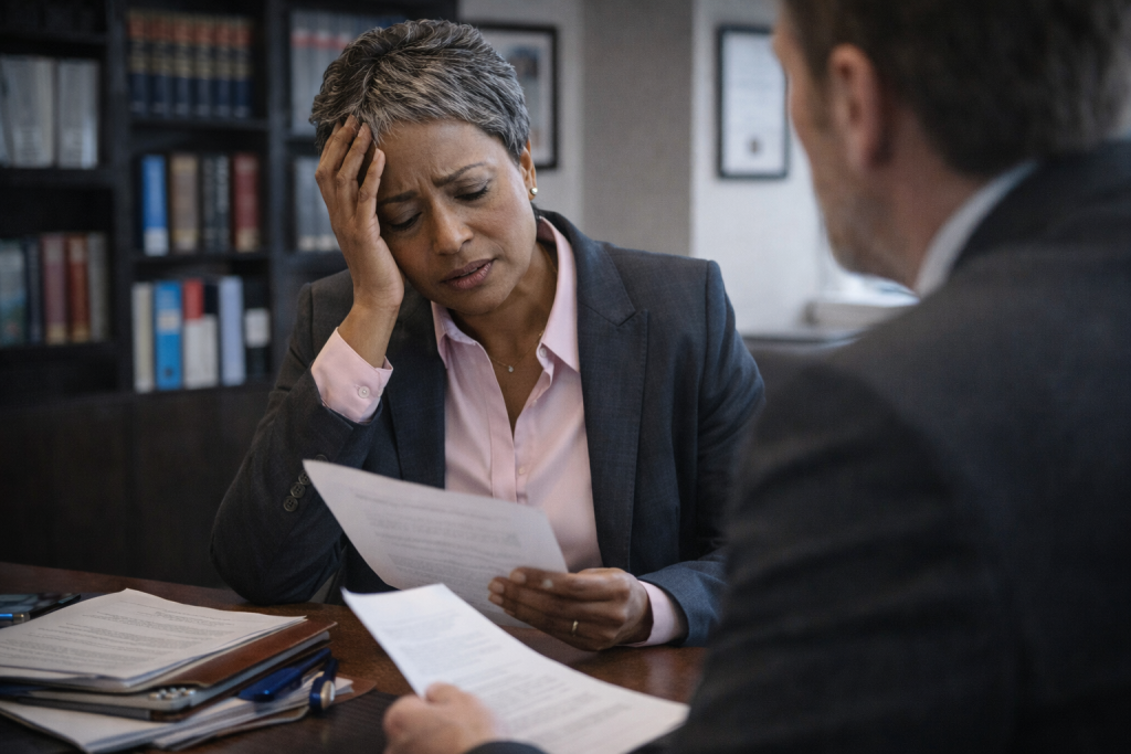 Distressed landlord reviewing invalid tenancy contract with solicitor in modern law office