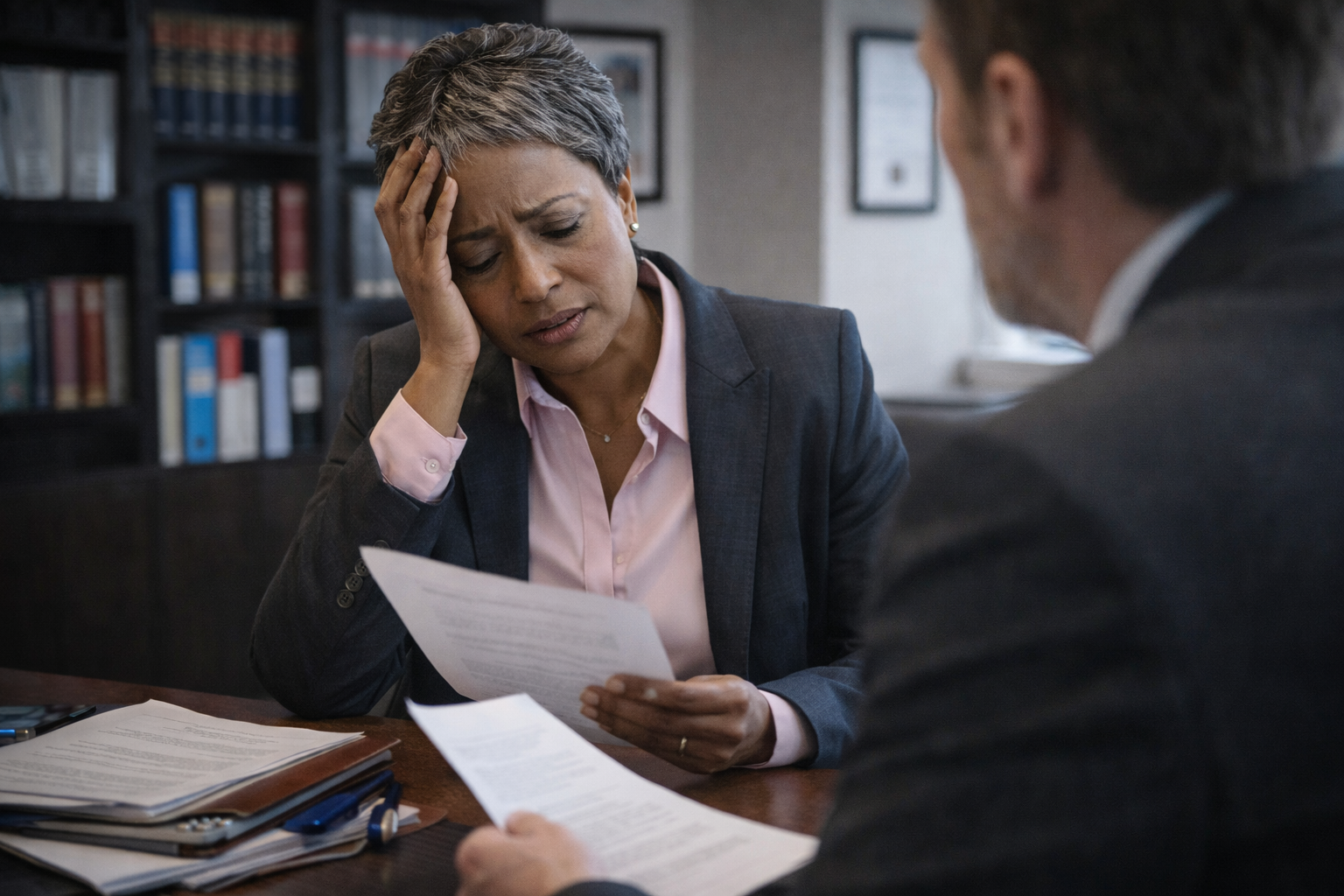 Distressed landlord reviewing invalid tenancy contract with solicitor in modern law office