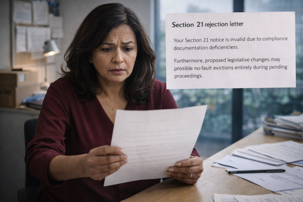 Landlord reading a Section 21 tribunal rejection letter at her desk