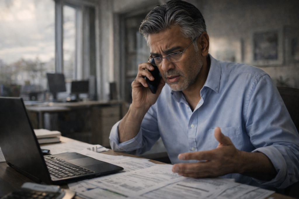 Worried property manager on phone reviewing client accounting compliance documents during regulatory audit