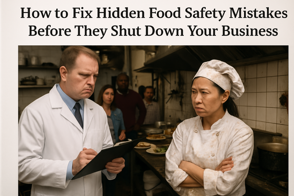 Man in a white coat holds a clipboard while a female chef in a stained uniform stands with arms crossed in a busy kitchen discussing food safety.