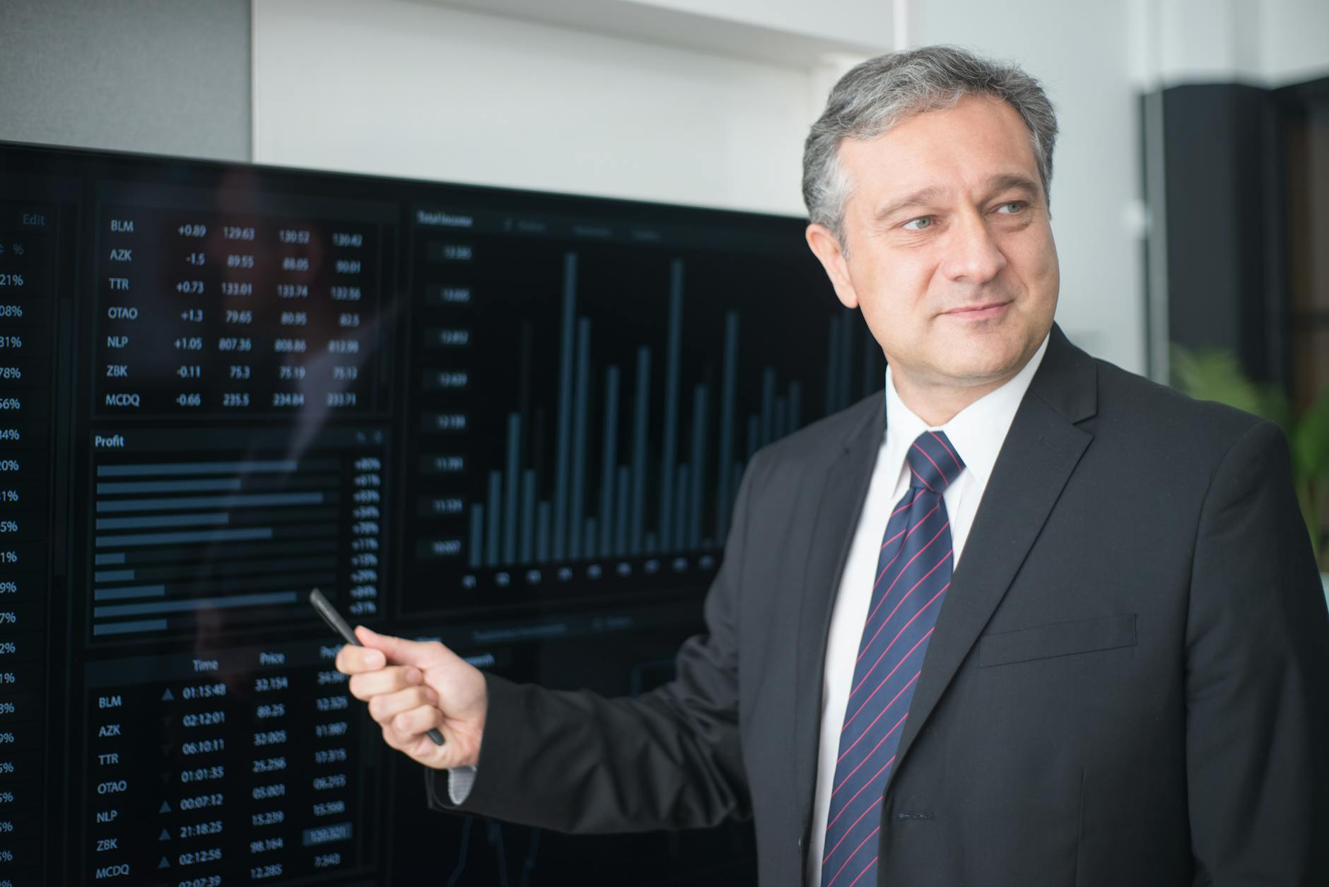 Executive in a dark suit points at a wall of monitors showing stock charts and financial data.